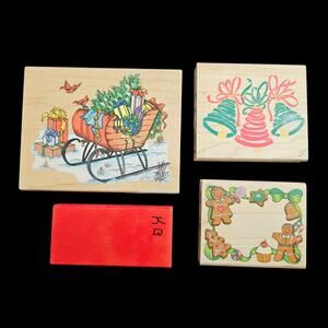 Vintage Christmas Rubber Stamp Lot Wood Mounted Holiday Gingerbread Bells